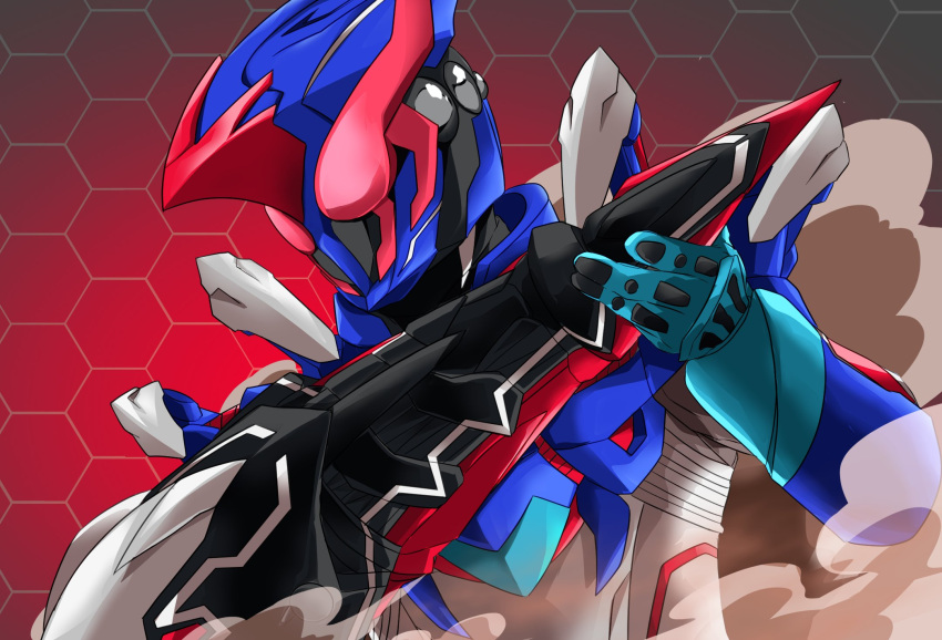 1boy aura blue_armor blue_gloves bodysuit compound_eyes drill_hand gloves glowing glowing_eyes hercules_beetle hercules_beetle_genome highres kamen_rider kamen_rider_destream kamen_rider_revice komodo_dragon komodo_dragon_genome miyabi_(037) red_background red_eyes sky smoke tokusatsu white_bodysuit