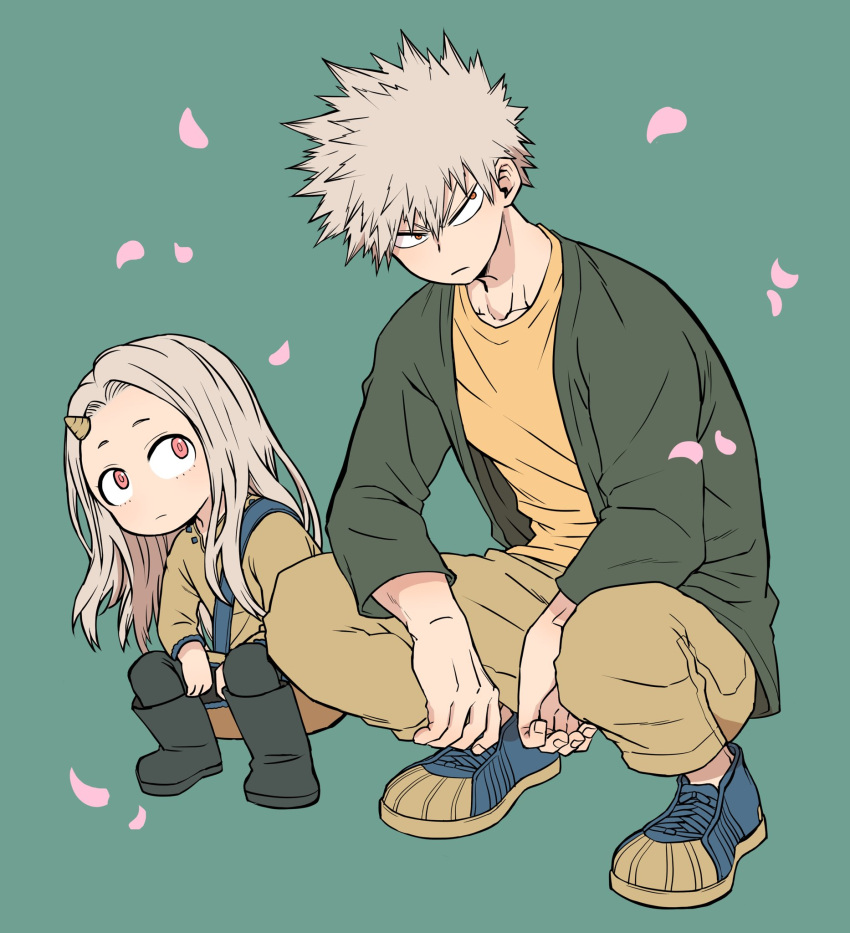 1boy 1girl bakugou_katsuki black_footwear black_pants blonde_hair boku_no_hero_academia boots child chiyaya closed_mouth eri_(boku_no_hero_academia) falling_petals female_child flat_color full_body green_background highres horns imitating long_hair looking_at_another looking_to_the_side orange_shirt pants petals red_eyes shirt shoes short_hair shoulder_strap simple_background single_horn size_difference sneakers spiky_hair squatting t-shirt two-tone_footwear v-shaped_eyebrows white_hair