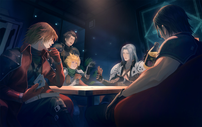 5boys angeal_hewley apple_juice aqua_eyes armor black_gloves black_hair black_jacket black_pants blonde_hair blue_eyes blue_shirt book book_on_lap bottle brown_hair card chair chest_strap closed_eyes cloud_strife crisis_core_final_fantasy_vii crossed_legs drinking earrings final_fantasy final_fantasy_vii genesis_rhapsodos gloves green_scarf grey_hair hair_between_eyes hand_to_own_face hands_on_another's_shoulders highres ho_fan holding holding_bottle holding_card indoors jacket jewelry knee_pads long_hair long_sleeves looking_at_another lower_teeth male_focus medium_hair multiple_boys open_mouth outstretched_hand pants parted_lips playing_card poker_table red_gloves red_jacket scarf sephiroth shirt short_hair shoulder_armor sitting sleeveless sleeveless_turtleneck sleeves_rolled_up smile spiky_hair standing suspenders teeth turtleneck wavy_mouth zack_fair