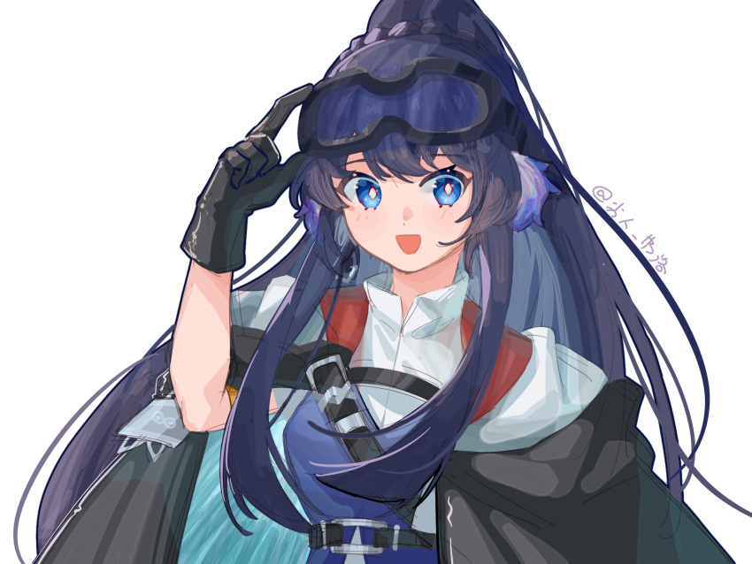 1girl :d arknights arm_up astgenne_(arknights) black_gloves blue_dress blue_eyes blue_hair commentary_request dress gloves goggles goggles_on_head hand_on_goggles highres lierenfelon long_hair ponytail shirt simple_background smile solo twitter_username upper_body very_long_hair white_background white_shirt