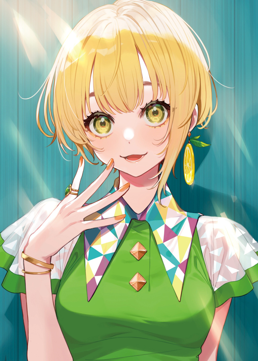 1girl :3 absurdres big_eyes blonde_hair bracelet collared_shirt earrings food food-themed_earrings fruit green_eyes green_shirt hand_over_face highres idolmaster idolmaster_cinderella_girls jewelry lemon lemon_earrings lemon_slice looking_at_viewer miyamoto_frederica open_mouth orange_nails ring shirt short_hair sidelocks solo yuu_(higashi_no_penguin)