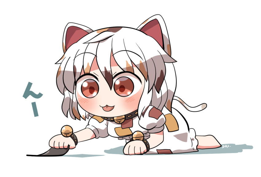 1girl :3 animal_ears barefoot bell blush cat_ears cat_tail closed_mouth crop_top goutokuji_mike jingle_bell multicolored_hair orange_eyes patch rokugou_daisuke short_hair short_sleeves signature simple_background skirt solo streaked_hair tail tongue tongue_out touhou white_background white_hair white_skirt