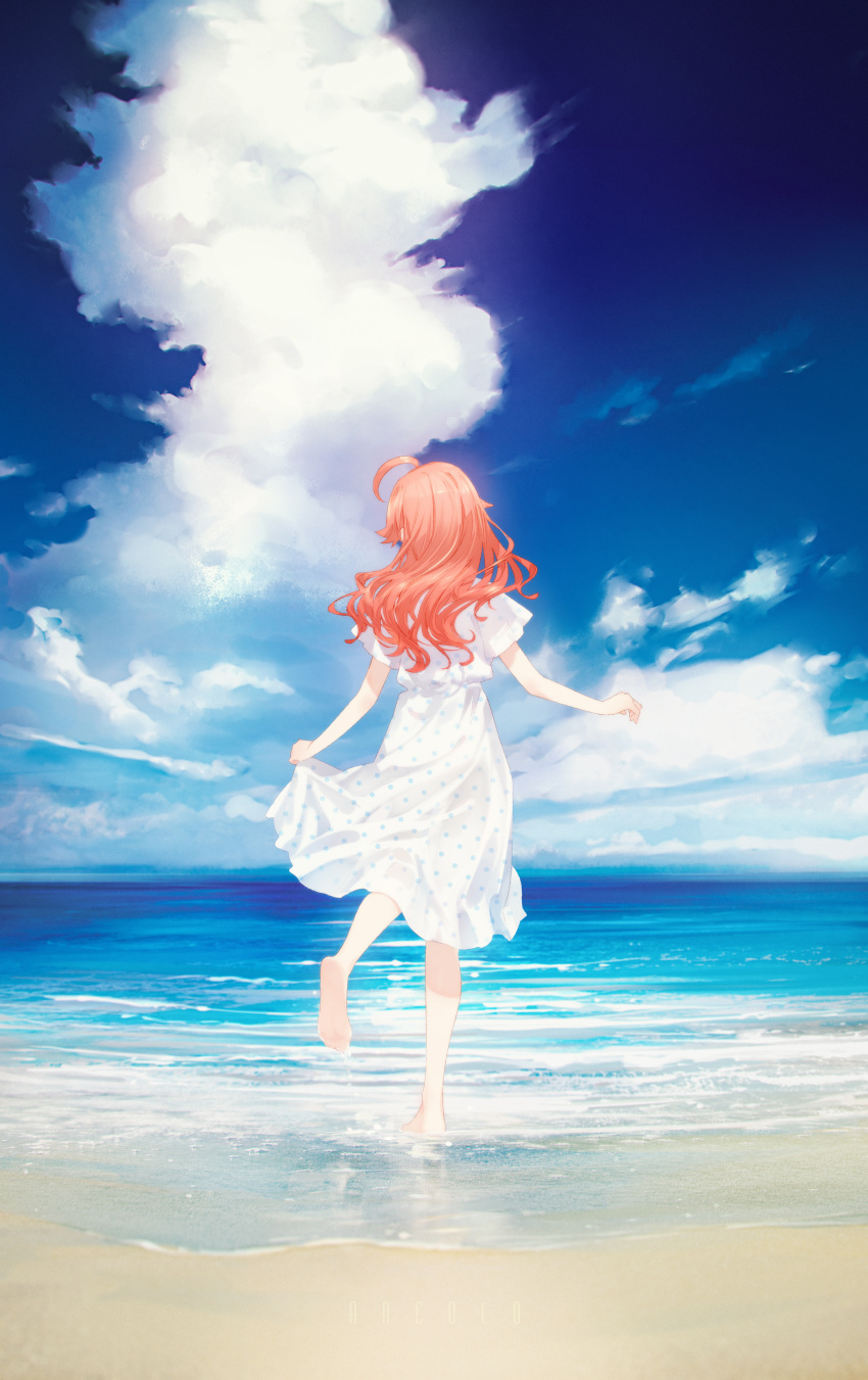 1girl absurdres ahoge ancoloyuki barefoot beach blue_sky clouds day dress facing_away from_behind full_body highres hololive long_hair outdoors polka_dot polka_dot_dress redhead sakura_miko short_sleeves skirt_hold sky solo standing standing_on_one_leg virtual_youtuber water white_dress