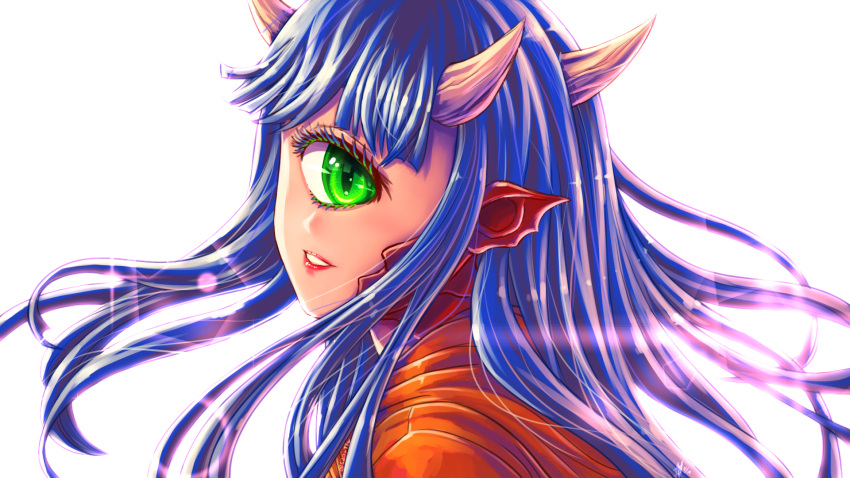 1girl bangs blue_hair cacodemon cyclops doom_(series) green_eyes highres horns humanization lens_flare lipstick long_hair looking_at_viewer makeup one-eyed parted_lips pointy_ears portrait simple_background solo substance20 white_background