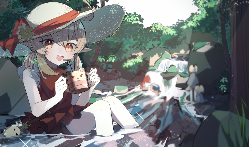 2boys 3girls :d alternate_costume bangs barbara_(genshin_impact) belt black_hair blurry commentary_request cup depth_of_field diluc_(genshin_impact) dodoco_(genshin_impact) drinking_straw forest genshin_impact gwi_dong_nyang hair_between_eyes hat highres holding holding_cup jean_(genshin_impact) jumpy_dumpty kaeya_(genshin_impact) klee_(genshin_impact) knees_together_feet_apart knees_up light_brown_hair long_hair looking_at_viewer low_ponytail low_twintails mug multiple_boys multiple_girls nature one-piece_swimsuit orange_eyes pointy_ears ponytail red_swimsuit redhead river rock sidelocks sitting sleeveless smile solo_focus straw_hat stream sun_hat swimsuit tree twintails water waterfall