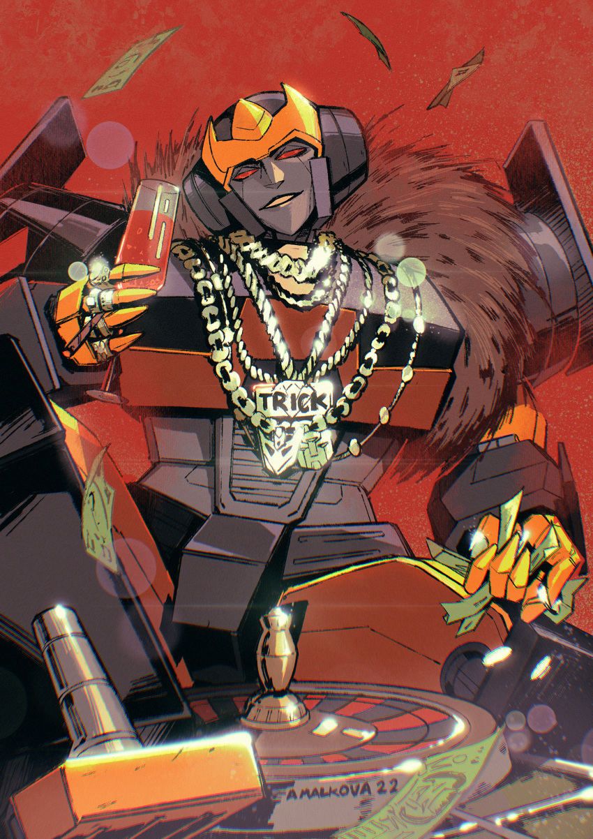autobot chain decepticon gold_chain highres holding holding_money larbesta looking_at_viewer making-of_available mecha money parted_lips procreate_(medium) red_background red_eyes robot roulette_table science_fiction sitting smile transformers trickdiamond