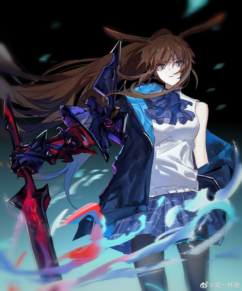 1girl amiya_(arknights) amiya_(guard)_(arknights) animal_ears arknights ascot black_background black_jacket black_pantyhose blue_ascot blue_eyes blue_skirt breasts cccc76743578 cowboy_shot floating_hair he_yi_bei_cha highres holding holding_sword holding_weapon jacket long_hair looking_at_viewer off_shoulder official_alternate_costume open_clothes open_jacket pantyhose parted_lips plaid plaid_skirt pleated_skirt ponytail rabbit_ears rabbit_girl shirt sidelocks simple_background single_bare_shoulder skirt sleeveless sleeveless_shirt small_breasts solo sword v-shaped_eyebrows very_long_hair weapon weibo_logo weibo_username white_shirt wind
