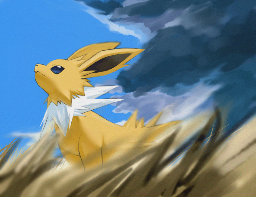animal_focus blue_eyes blue_sky blurry blurry_foreground closed_mouth clouds commentary day english_commentary from_side fur_collar grass highres horezai jolteon looking_up no_humans outdoors pokemon pokemon_(creature) profile sitting sky solo
