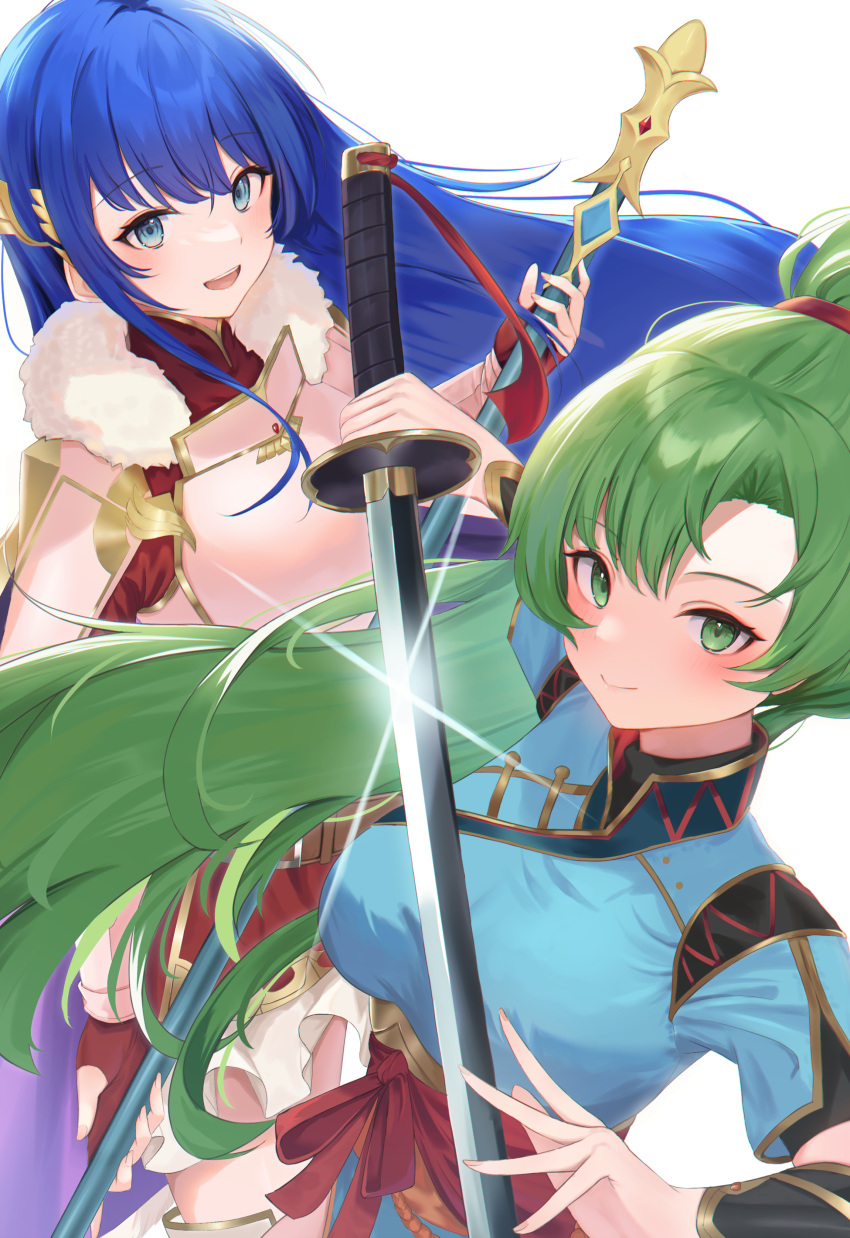2girls :d absurdres blue_eyes blue_hair blush breasts caeda_(fire_emblem) daily_(daily178900) fire_emblem fire_emblem:_mystery_of_the_emblem fire_emblem:_the_blazing_blade fire_emblem_heroes green_eyes green_hair highres holding holding_polearm holding_sword holding_weapon large_breasts long_hair looking_at_viewer lyn_(fire_emblem) multiple_girls official_alternate_costume open_mouth polearm ponytail short_sleeves simple_background skirt smile sword very_long_hair weapon white_background white_skirt wing_hair_ornament