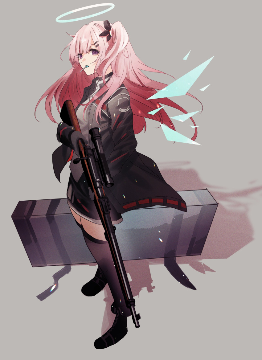 1girl absurdres ambriel_(arknights) arknights black_footwear black_jacket black_skirt black_thighhighs boots candy detached_wings energy_wings food food_in_mouth full_body grab_pigeon grey_background gun hair_ornament hairclip halo highres holding holding_gun holding_weapon jacket lollipop long_hair looking_at_viewer mouth_hold one_side_up open_clothes open_jacket pink_hair rifle scope shadow simple_background skirt sniper_rifle solo standing thigh-highs violet_eyes weapon wings