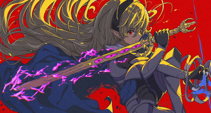 1girl armor bangs blonde_hair blue_cape cape closed_mouth collared_shirt commentary_request corrin_(fire_emblem) corrin_(fire_emblem)_(female) feet_out_of_frame film_grain fire_emblem fire_emblem_fates hair_between_eyes hairband highres holding holding_sword holding_weapon long_hair looking_at_viewer magic pointy_ears pose red_background red_eyes shadow shirt solo super_smash_bros. sword tachibanashiro17 weapon