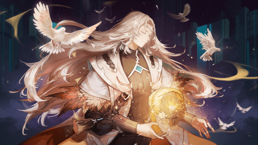 1boy bird blurry blurry_background closed_eyes coat collared_shirt dark feathers feet_out_of_frame flying flying_animal gyee hair_lift headband highres light light_rays long_hair long_sleeves male_focus mature_male official_art osmond_(gyee) shirt smile solo sparkle white_hair yingzi
