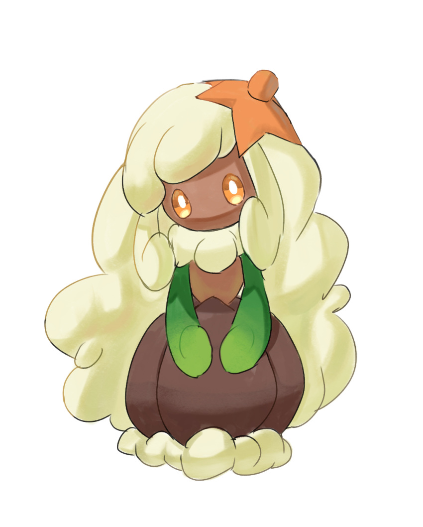 1girl bangs big_hair blonde_hair bright_pupils commentary dark-skinned_female dark_skin flat_chest full_body fusion hair_ornament highres horezai lilligant long_hair looking_at_viewer no_mouth orange_eyes pokemon pokemon_(creature) sidelocks simple_background solo straight-on very_long_hair whimsicott white_background white_pupils