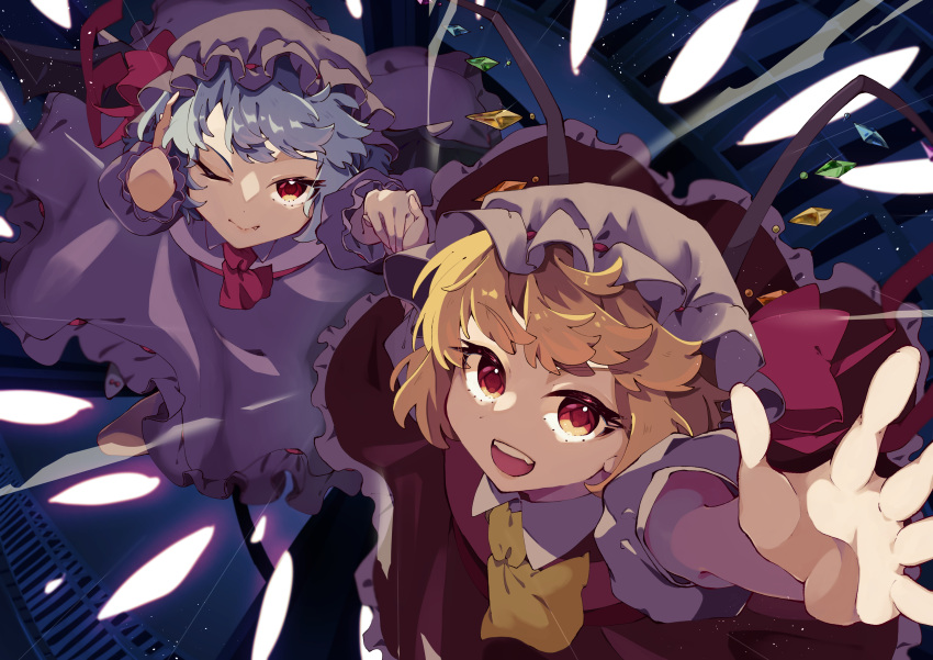 2girls :d ;&gt; absurdres bangs blonde_hair fang fang_out flandre_scarlet foreshortening hat highres koroeda6 looking_at_viewer mob_cap multiple_girls outstretched_hand reaching_out red_eyes remilia_scarlet smile swept_bangs touhou wings