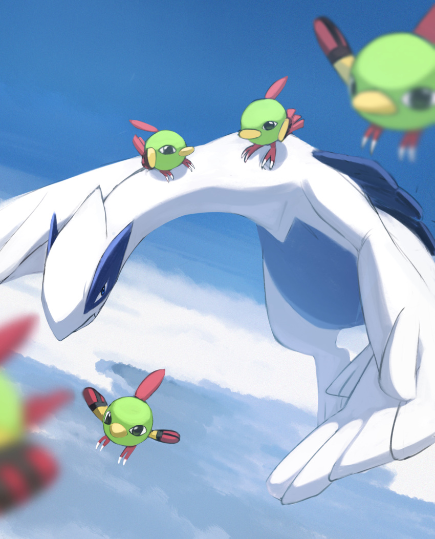 above_clouds animal_focus bird black_eyes blue_background blue_eyes blue_sky blurry blurry_foreground claws closed_mouth clouds commentary day dutch_angle english_commentary flock flying highres horezai lugia natu no_humans outdoors pokemon pokemon_(creature) sky