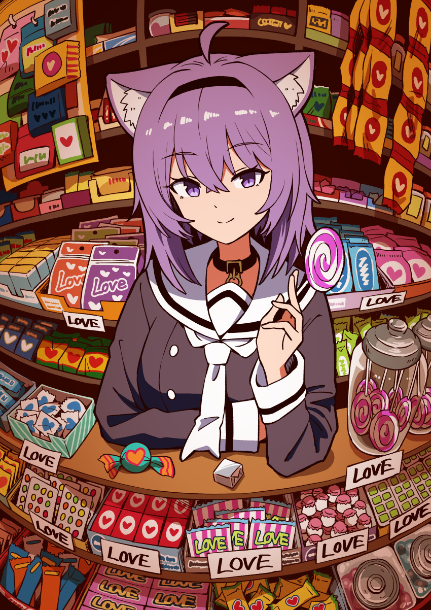 1girl absurdres ahoge animal_ears bangs breasts candy candy_store cat_ears cat_girl chun_1234567 food hairband highres hololive jar lollipop looking_at_viewer nekomata_okayu purple_hair sailor_collar shop smile solo violet_eyes virtual_youtuber