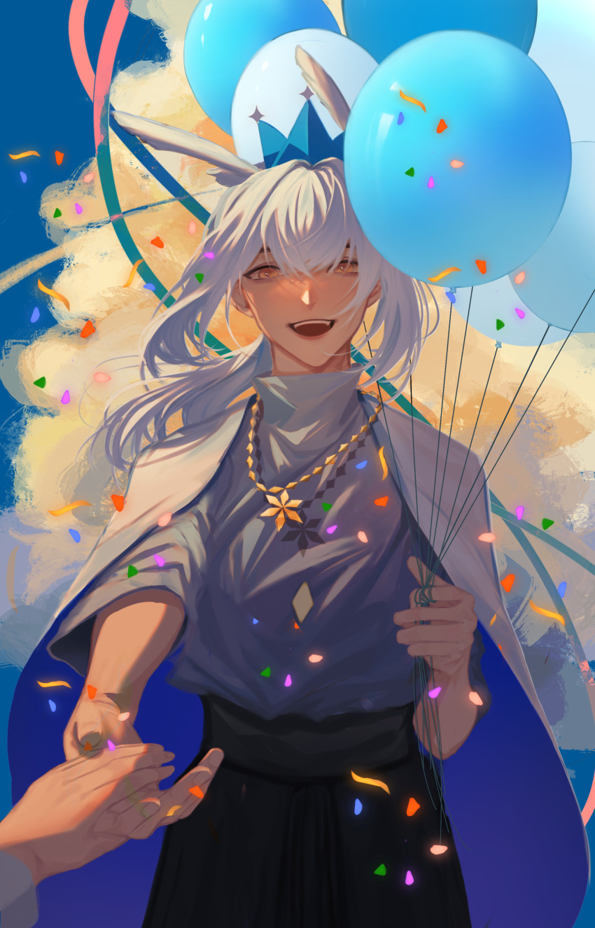 :d absurdres amber_eyes balloon bangs clouds confetti cowboy_shot festival grey_hair grin happy hat highres holding holding_balloon holding_hands huayao233 long_sleeves looking_at_viewer mimizuku_(sky:_children_of_the_light) outstretched_hand pointy_hair ponytail sky:_children_of_the_light smile white_hair yellow_eyes