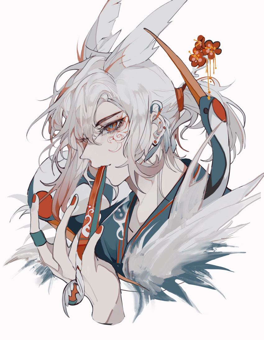 1boy absurdres bai_xiao bird bishounen doupichipizi earrings facial_mark flower grey_hair highres jewelry male_focus mouth_hold pointy_hair ponytail profile red_eyes red_flower red_nails sky:_children_of_the_light solo upper_body white_background white_hair