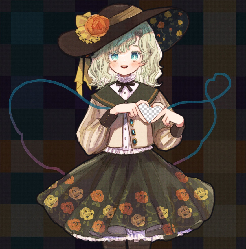 1girl :d black_headwear black_ribbon blue_nails blush bright_pupils brooch buttons collared_shirt commentary cowboy_shot eyebrows_hidden_by_hair fake_transparency fingernails floral_print flower green_eyes green_hair green_skirt hat hat_flower hat_ribbon heart heart_hands high_collar highres jewelry komeiji_koishi looking_at_viewer medium_hair nail_polish neck_ribbon open_mouth red_flower red_nails red_rose ribbon rose rose_print shirt skirt sleeve_cuffs smile solo symbol-only_commentary teeth touhou upper_teeth vest white_pupils white_shirt yellow_ribbon yellow_vest yujup