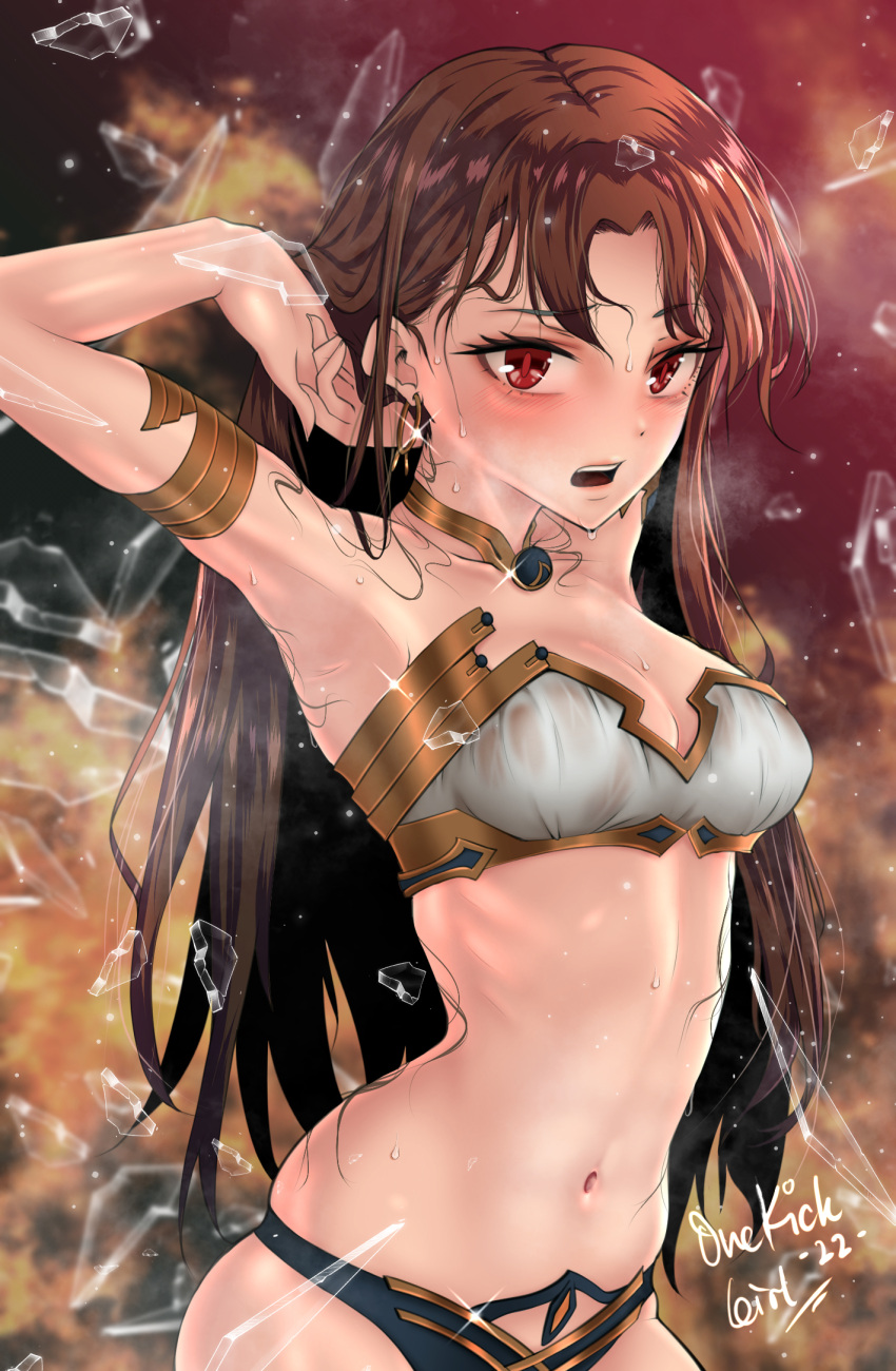 1girl armpits black_hair bra dripping fate/grand_order fate_(series) glass_shards ishtar_(fate/grand_order) long_hair looking_at_viewer navel open_mouth red_background red_eyes stomach sweat sweating sweating_profusely wet wet_hair