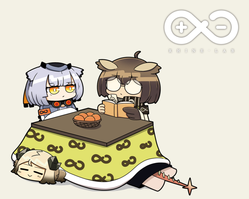 4girls :&gt; =_= ahoge arknights armband blonde_hair book chibi dragon_girl dragon_tail feathers food fruit fruit_basket glasses goggles goggles_around_neck grey_background grey_hair grey_shirt highres holding holding_book ifrit_(arknights) kotatsu kumakun multiple_girls no_eyes open_mouth orange_(fruit) orange_eyes owl_ears ptilopsis_(arknights) reading rectangular_pupils rhine_lab_logo saria_(arknights) shirt short_hair short_twintails silence_(arknights) simple_background table tail twintails winged_arms wings
