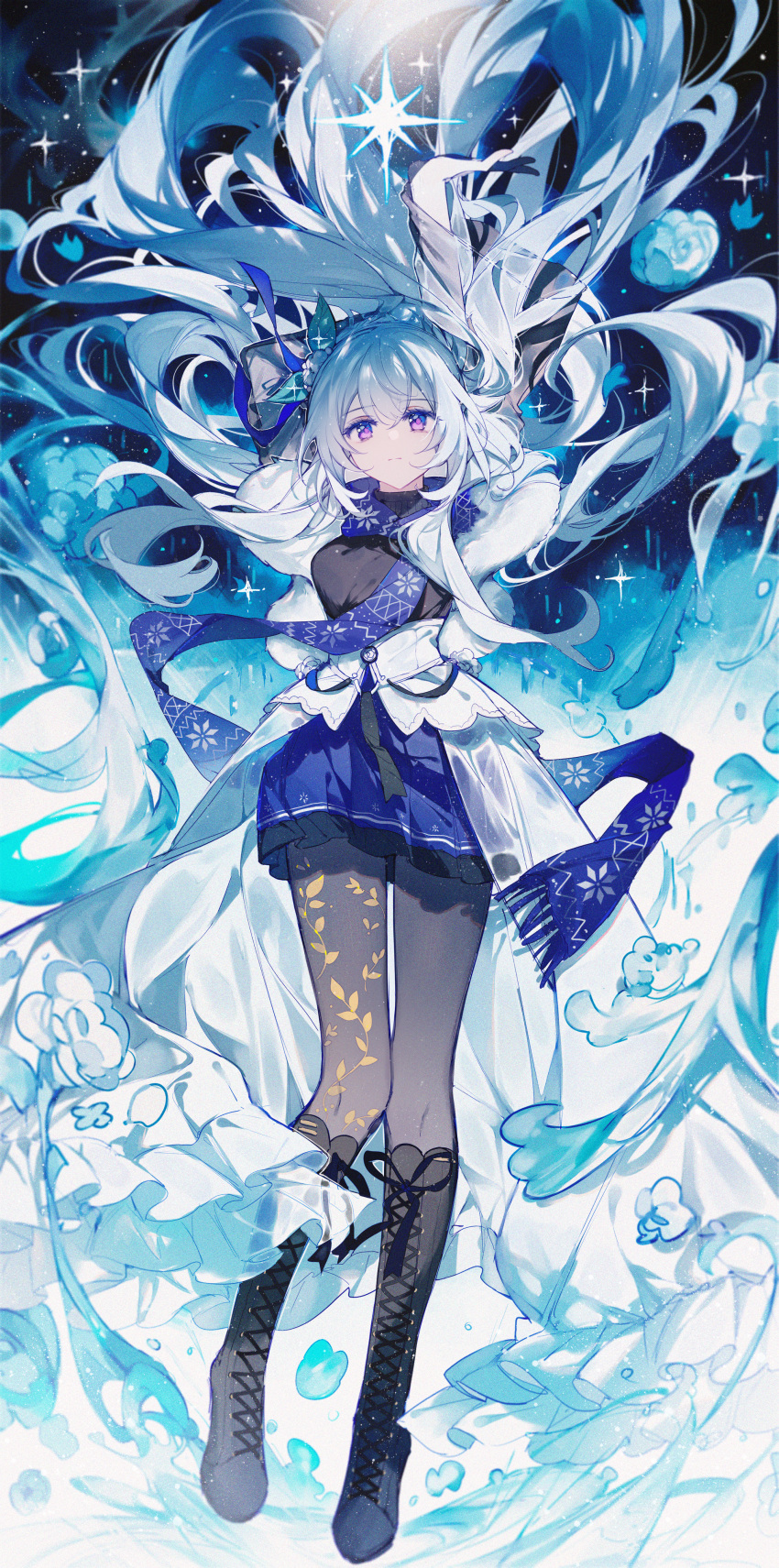 1girl absurdres arm_up boots commentary commission cross-laced_footwear expressionless flower full_body fur_trim highres leaf long_hair original pantyhose qianqianjie scarf skirt snow snowflakes solo symbol-only_commentary very_long_hair violet_eyes white_hair