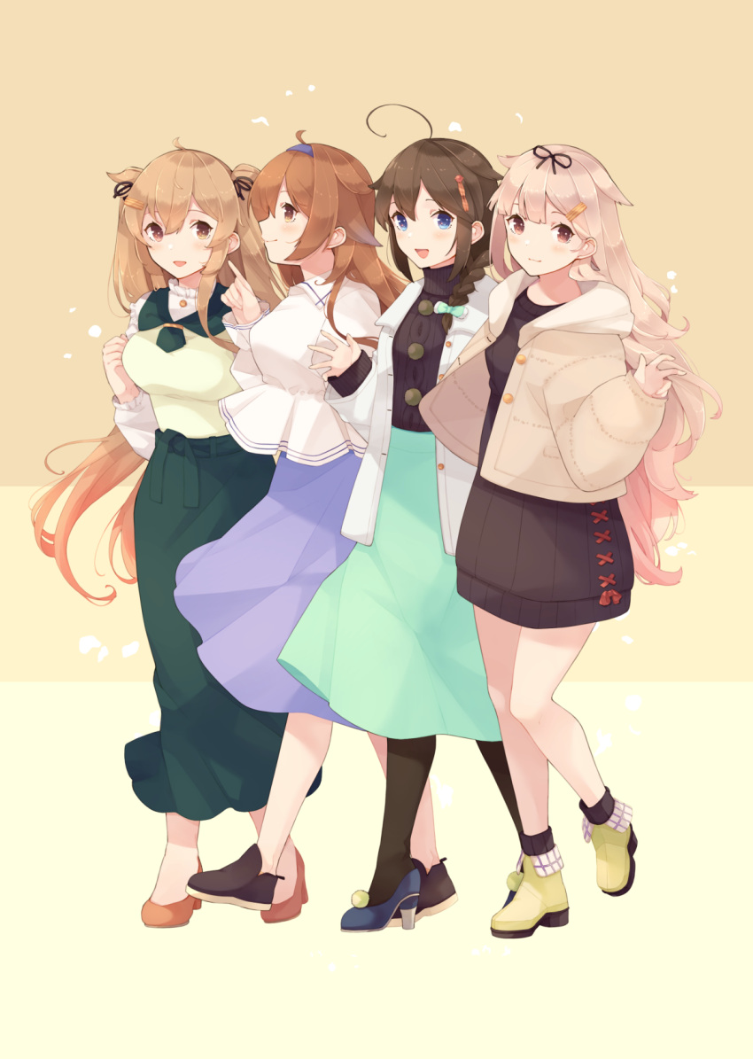 4girls ahoge alternate_costume aqua_skirt black_dress black_footwear black_ribbon blonde_hair blue_eyes blue_hairband blue_skirt blush braid breasts brown_eyes brown_footwear brown_hair brown_jacket buttons closed_mouth dress flower full_body gradient_hair green_skirt hair_between_eyes hair_flaps hair_ornament hair_over_shoulder hair_ribbon hairband hairclip heterochromia high_heels highres jacket kantai_collection large_breasts light_brown_hair long_hair long_skirt long_sleeves medium_breasts multicolored_hair multiple_girls murasame_(kancolle) murasame_kai_ni_(kancolle) open_clothes open_jacket open_mouth pantyhose pink_hair purple_skirt red_eyes ribbon shakemi_(sake_mgmgmg) shigure_(kancolle) shigure_kai_ni_(kancolle) shiratsuyu_(kancolle) shiratsuyu_kai_ni_(kancolle) shoes single_braid skirt smile sweater sweater_dress twintails two_side_up very_long_hair white_jacket yellow_flower yuudachi_(kancolle) yuudachi_kai_ni_(kancolle)