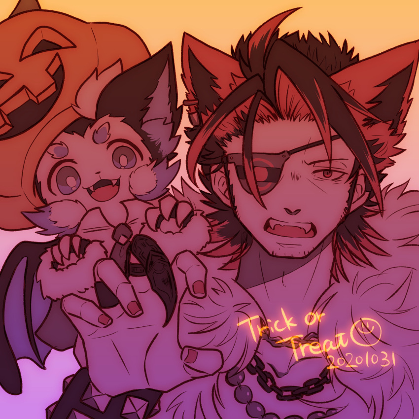 1boy ahoge animal_ears bat_wings chain claw_ring eyepatch facial_hair fangs fur_collar gradient gradient_background highres jack-o'-lantern jewelry mdr_vert multicolored_hair necklace paw_pose pimota_unknown ranburn_tidal sideburns simple_background streaked_hair stubble trick_or_treat upper_body wings wolf_ears zenonzard