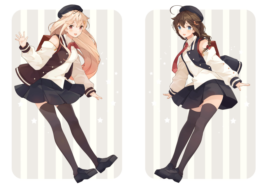2girls ahoge beret black_footwear black_hair black_ribbon black_skirt black_thighhighs black_vest blonde_hair blue_eyes blush braid buttons cosplay detached_sleeves full_body hair_between_eyes hair_flaps hair_ornament hair_over_shoulder hair_ribbon hairclip hat highres jacket kantai_collection letterman_jacket long_hair matching_outfit multiple_girls necktie official_alternate_costume open_clothes open_mouth open_vest pleated_skirt red_eyes red_necktie ribbon shakemi_(sake_mgmgmg) shigure_(kancolle) shigure_(kancolle)_(cosplay) shigure_kai_ni_(kancolle) shigure_kai_ni_(kancolle)_(cosplay) shoes single_braid skirt smile striped striped_background thigh-highs vest yuudachi_(kancolle) yuudachi_kai_ni_(kancolle)