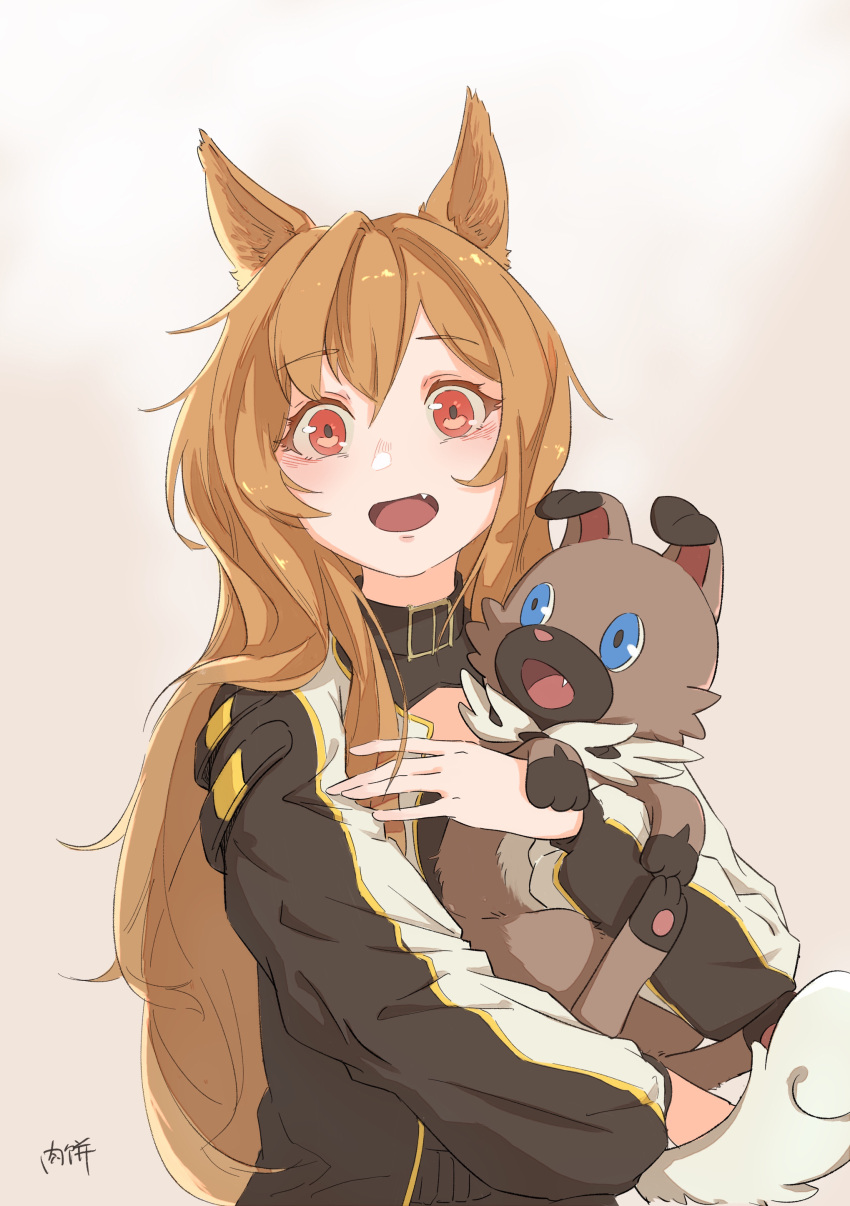 1girl absurdres animal animal_ears arknights black_jacket brown_hair ceobe_(arknights) dog dog_ears dog_girl fang grey_background hair_between_eyes highres holding holding_animal jacket long_hair long_sleeves looking_at_viewer open_mouth red_eyes robinlovesop simple_background solo upper_body very_long_hair