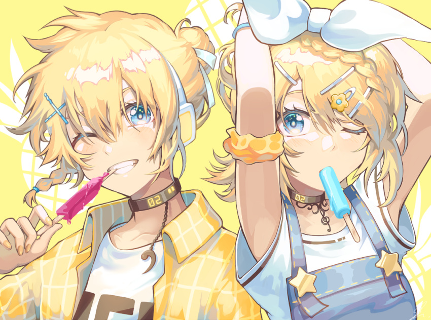 1boy 1girl arms_up bangs black_choker blonde_hair blue_eyes braid brother_and_sister brown_nails choker closed_mouth collared_shirt commentary_request flower food food_in_mouth grin hair_between_eyes hair_flower hair_ornament hair_ribbon hairclip kagamine_len kagamine_rin nail_polish one_eye_closed open_clothes open_shirt orange_scrunchie overalls popsicle ribbon saihate_(d3) scrunchie shirt siblings smile star_(symbol) upper_body vocaloid white_ribbon white_shirt yellow_flower yellow_shirt