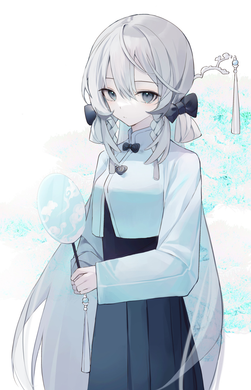 0_(znanimo) 1girl absurdres arknights bangs black_bow black_skirt bow braid closed_mouth commentary_request grey_eyes grey_hair hair_between_eyes hair_bow highres holding jacket long_hair long_sleeves looking_at_viewer mulberry_(arknights) pleated_skirt sidelocks skirt solo twin_braids very_long_hair white_jacket
