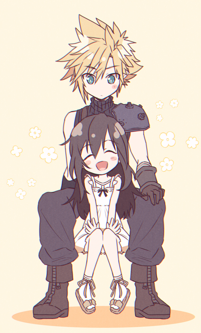 1boy 1girl absurdres armor black_hair blonde_hair blue_eyes boots child closed_eyes cloud_strife dress final_fantasy final_fantasy_vii final_fantasy_vii_remake floral_background full_body gloves happy highres long_hair looking_at_another mizuamememe open_mouth sandals shoulder_armor sitting sleeveless sleeveless_turtleneck socks spiky_hair sweater tifa_lockhart turtleneck turtleneck_sweater white_dress younger