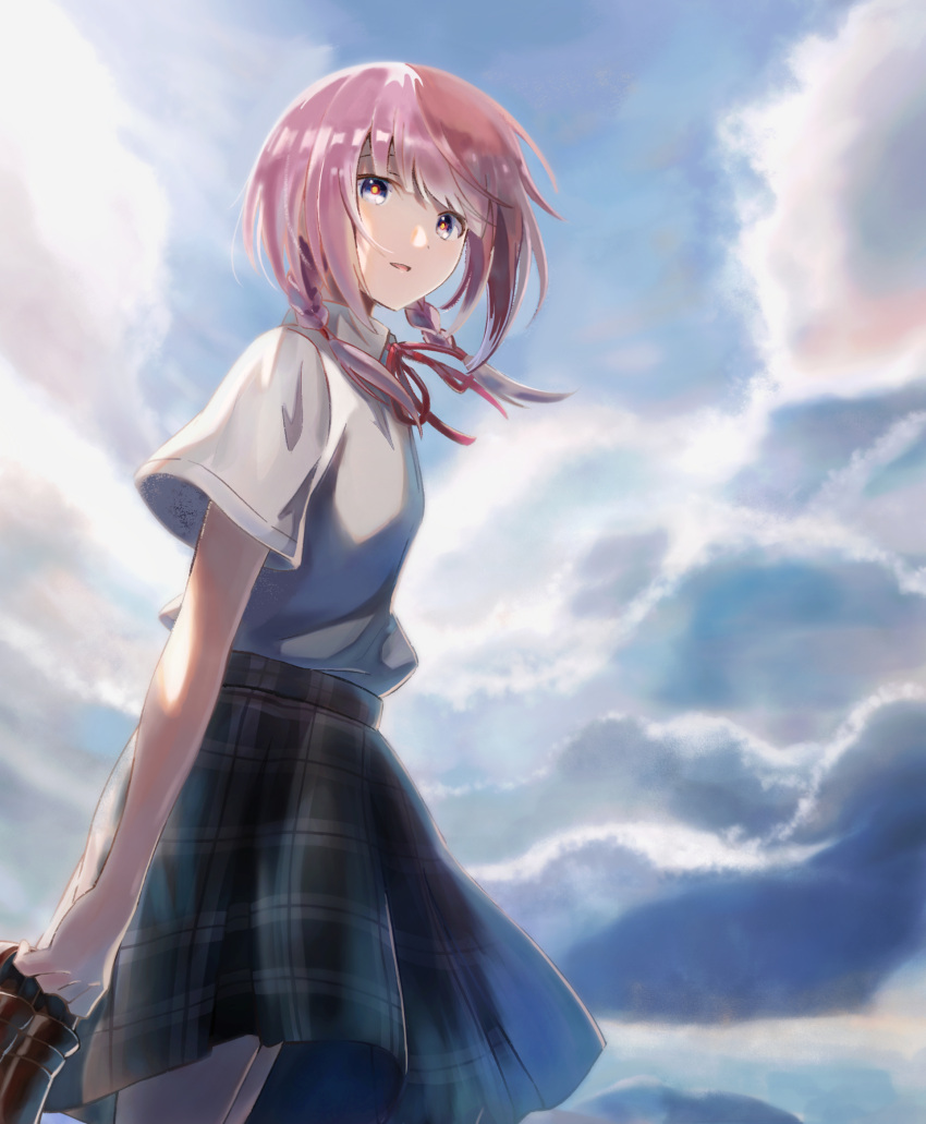 1girl bangs black_skirt blue_background blue_eyes blue_sky braid brown_footwear clouds cloudy_sky collared_shirt commentary_request cowboy_shot dated_commentary day dutch_angle eyebrows_hidden_by_hair highres holding holding_shoes kaf_(kamitsubaki_studio) kamitsubaki_studio loafers long_hair looking_at_viewer low_twin_braids outdoors parted_lips pink_hair plaid plaid_skirt red_ribbon ribbon shirt shirt_tucked_in shoes shoes_removed short_sleeves skirt sky solo standing tirudo29 twin_braids two-tone_background white_background white_shirt wind yellow_pupils