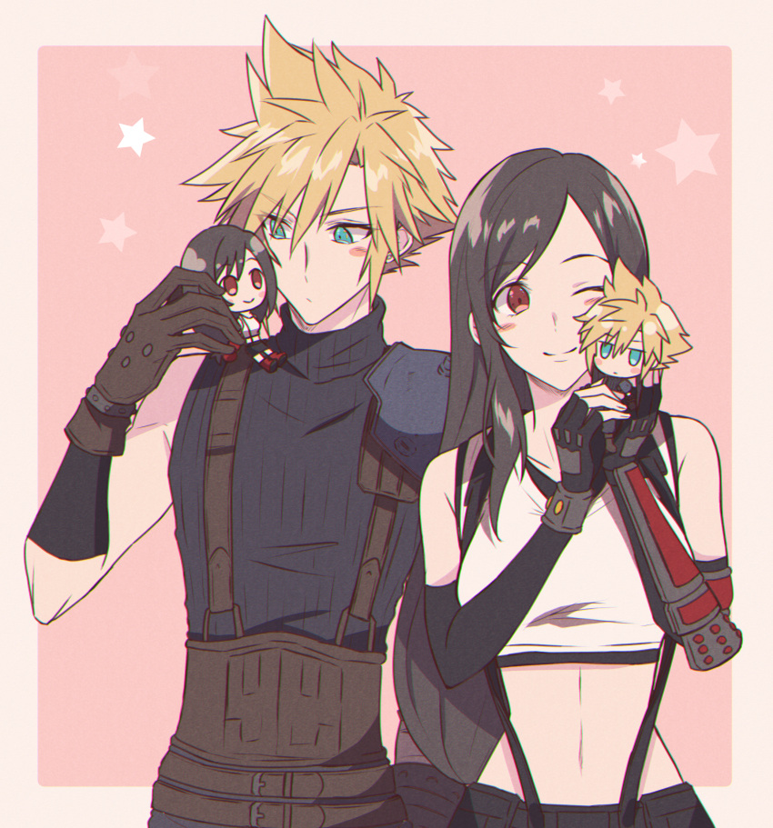 1boy 1girl absurdres arm_armor armor bare_shoulders black_hair black_skirt blonde_hair blue_eyes cloud_strife crop_top detached_sleeves doll final_fantasy final_fantasy_vii final_fantasy_vii_remake fingerless_gloves gloves hands_up highres holding holding_doll long_hair midriff mizuamememe one_eye_closed red_eyes shoulder_armor skirt sleeveless sleeveless_turtleneck spiky_hair star_(symbol) starry_background suspender_skirt suspenders sweater tank_top tifa_lockhart turtleneck turtleneck_sweater upper_body white_tank_top