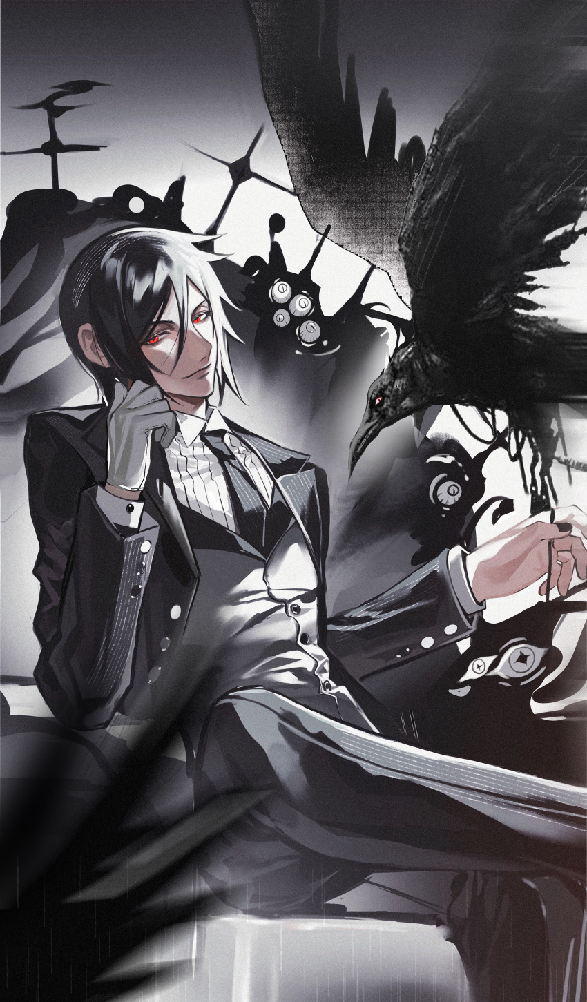 1boy absurdres antenna_hair arm_support bird black_bird black_hair black_necktie blurry butler buttons collared_shirt crossed_legs crow depth_of_field eyeball formal gloves hair_between_eyes hand_up highres jitome kuroshitsuji light_smile long_sleeves male_focus necktie red_eyes sebastian_michaelis shirt short_hair sitting sleeve_cuffs smile solo suit uniform white_gloves yunzhanyun