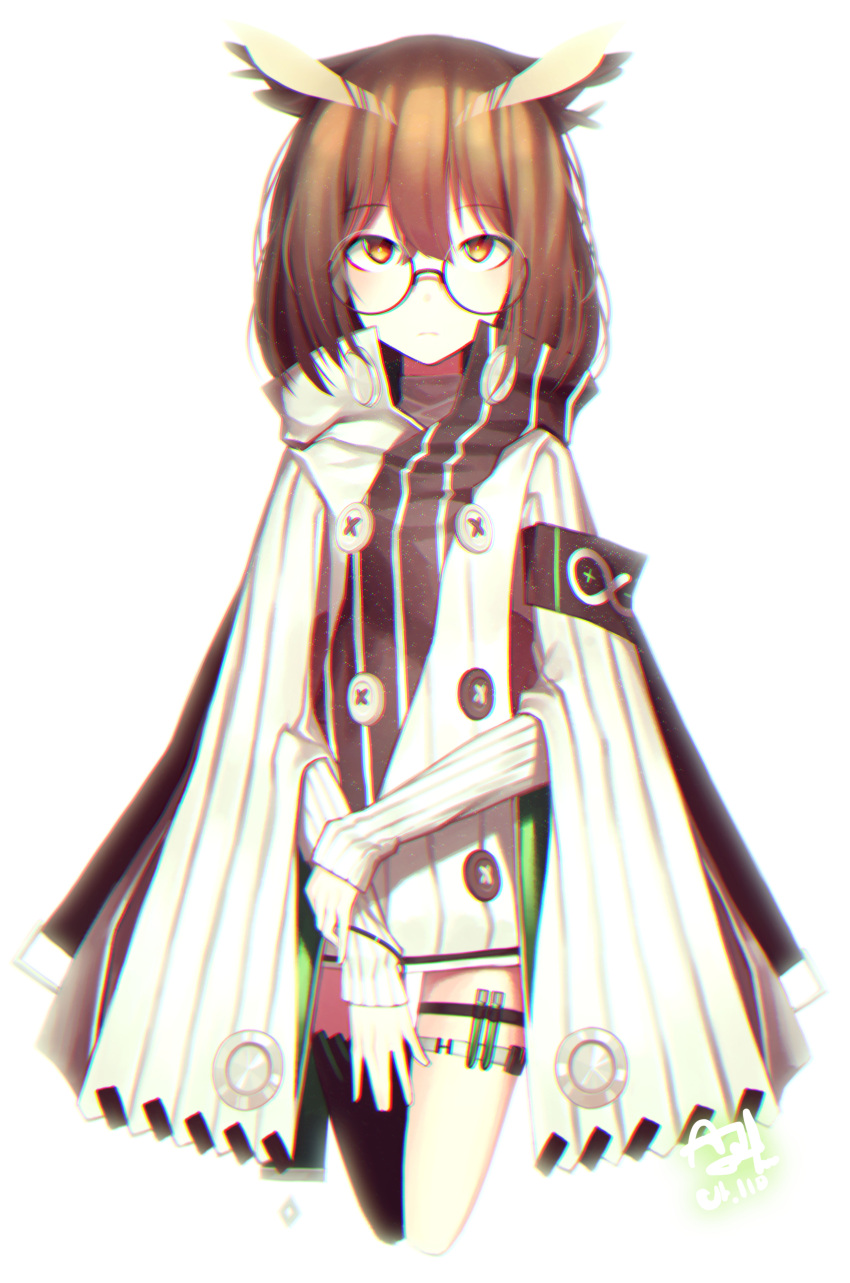 1girl absurdres arknights beudelb brown_eyes brown_hair buttons cowboy_shot cropped_legs glasses highres holding_own_wrist jacket looking_at_viewer medium_hair owl_ears rhine_lab_logo silence_(arknights) simple_background single_thighhigh solo thigh-highs thigh_strap vial white_background white_jacket