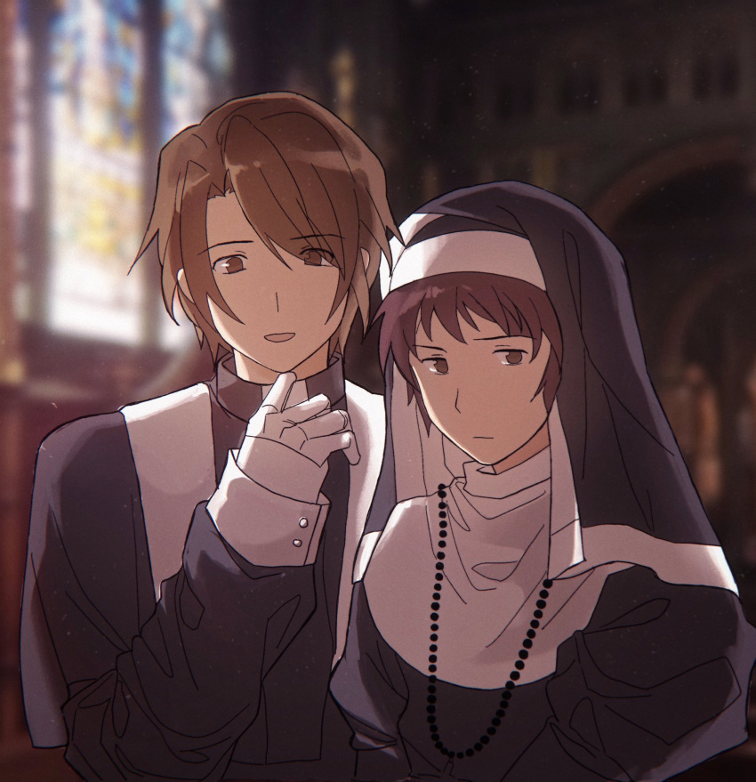 2boys bangs blurry blurry_background brown_eyes brown_hair closed_mouth commentary_request crossdressing eyes_visible_through_hair gloves habit highres indoors kl_(reikishikl) koizumi_itsuki kyon long_sleeves looking_at_viewer male_focus multiple_boys nun parted_lips priest short_hair suzumiya_haruhi_no_yuuutsu white_gloves