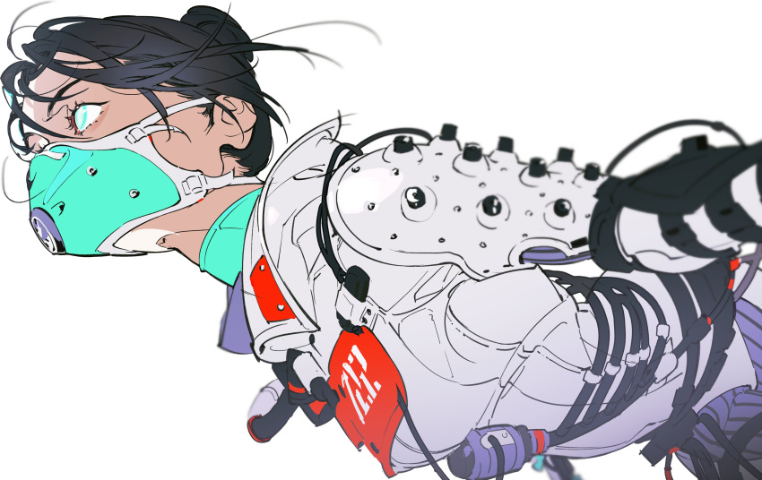 1girl absurdres apex_legends bangs black_hair blue_eyes breasts cable floating_hair hair_behind_ear hair_bun highres leaning_back mask medium_breasts mouth_mask official_alternate_costume quarantine_722_wraith solo white_background wraith_(apex_legends) yoneyama_mai