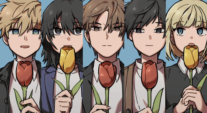 2girls 3boys :o bangs black_hair black_jacket black_sweater blazer blonde_hair blue_background blue_eyes blue_jacket brown_eyes brown_hair brown_jacket closed_mouth collared_shirt column_lineup commentary floating_hair flower flower_over_mouth freckles hand_up hands_up hatohara_mirai highres hiyami_aki holding holding_flower inukai_sumiharu jacket lapels looking_at_viewer multiple_boys multiple_girls nana_0253 ninomiya_masataka own_hands_together portrait red_flower shirt short_hair simple_background smile sweater symbol-only_commentary t-shirt tsuji_shinnosuke tulip violet_eyes world_trigger yellow_flower