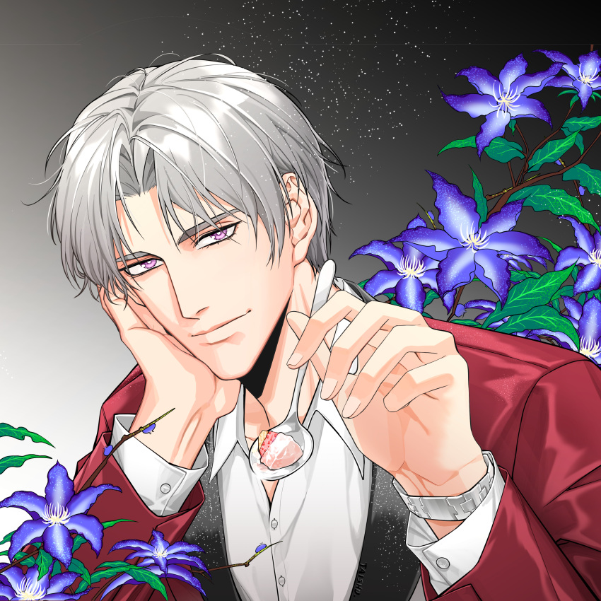 1boy absurdres charlie_su flower formal gradient gradient_background grey_background grey_hair hand_on_own_cheek hand_on_own_face highres holding holding_spoon light_and_night_love long_sleeves looking_at_viewer male_focus red_suit spoon suit taishu violet_eyes watch watch