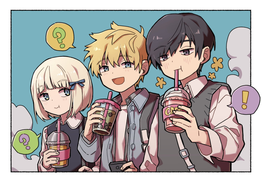 ! 1girl 2boys :d :t ? bangs black_hair blonde_hair blue_bow blue_eyes blue_jacket blue_sky blunt_bangs bob_cut border bow bubble_tea casual chewing clouds collared_shirt cup disposable_cup dress_shirt drink drinking drinking_straw drinking_straw_in_mouth flower grey_jacket hair_bow hand_up highres hiyami_aki holding holding_cup holding_drink holding_phone holding_strap inukai_sumiharu jacket jitome juice lineup long_sleeves looking_at_viewer multiple_boys nana_0253 phone shirt short_hair side-by-side sideways_glance sky smile spoken_exclamation_mark spoken_question_mark sweater_vest swept_bangs t-shirt tsuji_shinnosuke unbuttoned undershirt upper_body white_hair white_shirt world_trigger
