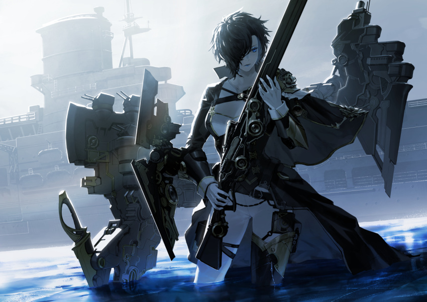 1girl aircraft_carrier ark_royal_(azur_lane) azur_lane black_hair blue_coat blue_eyes coat cowboy_shot gloves gun hair_over_one_eye holding holding_gun holding_weapon military military_vehicle pants partially_submerged retrofit_(azur_lane) rifle rigging ship short_hair steampunk sword warship watercraft weapon white_gloves white_pants yoshi_(j_contrast)