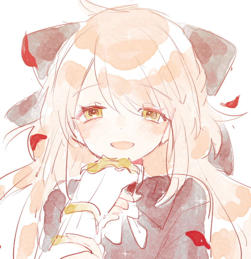 1girl blonde_hair blouse blush bow crepe eating fang food grey_shirt hair_bow head_tilt highres holding holding_food koyashaka liss_meier_(koyashaka) long_hair long_sleeves looking_at_viewer open_mouth original shirt solo very_long_hair white_background yellow_eyes