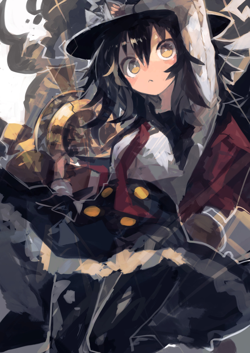 1girl :&lt; absurdres arm_up bangs black_capelet black_hair black_headwear black_pantyhose black_skirt blush bow buttons capelet closed_mouth commentary cowboy_shot fedora frilled_skirt frills hair_between_eyes hat hat_bow highres holding kaamin_(mariarose753) long_sleeves looking_at_viewer necktie pantyhose red_capelet red_necktie shirt skirt solo touhou two-tone_capelet usami_renko white_bow white_shirt yellow_eyes