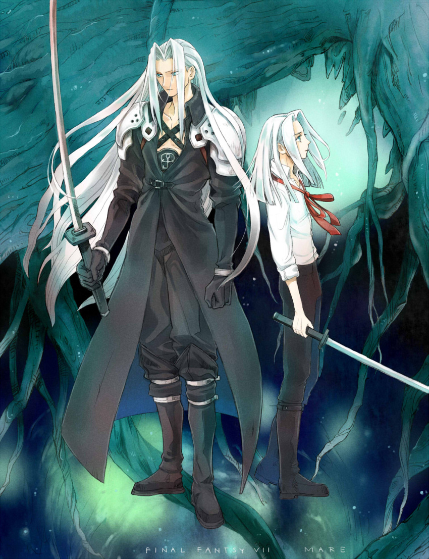 2boys alternate_costume aqua_eyes armor bangs black_footwear black_gloves black_jacket black_pants boots chest_strap final_fantasy final_fantasy_vii full_body gloves grey_hair hair_behind_ear high_collar highres holding holding_sword holding_weapon jacket long_bangs long_hair long_jacket long_sleeves looking_to_the_side male_focus mare_(pixiv) masamune_(ff7) multiple_boys neck_ribbon open_collar pants parted_bangs ribbon sephiroth shirt shoulder_armor sleeves_rolled_up straight_hair sword weapon white_shirt younger