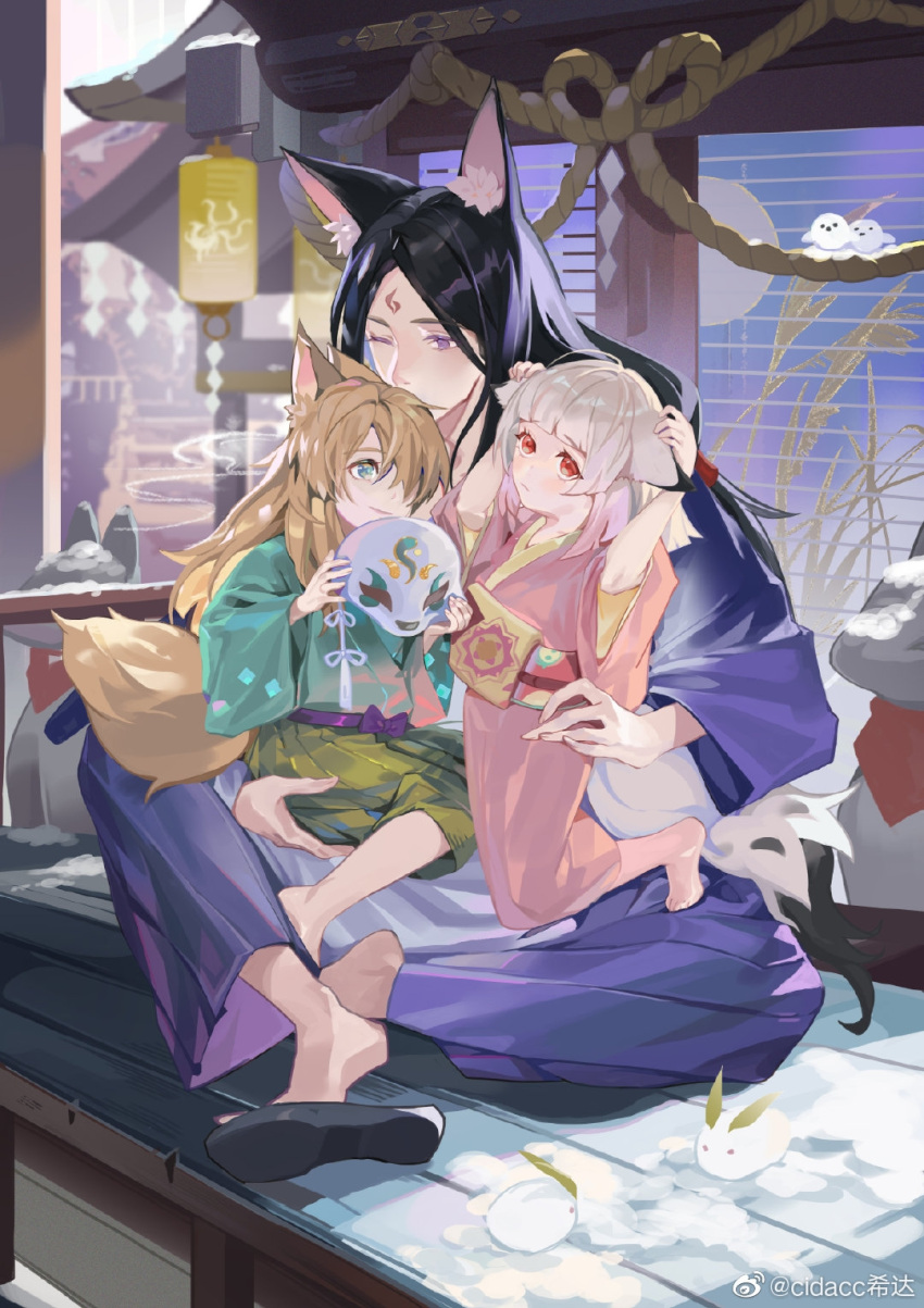 1girl 2boys animal_ear_fluff animal_ears architecture bangs barefoot bird black_footwear black_hair blue_eyes blunt_bangs blurry blush breasts character_request child day depth_of_field ears_down east_asian_architecture facial_mark fatherly forehead_mark fox_boy fox_ears fox_girl fox_mask fox_statue fox_tail geta green_hakama grey_hair hair_over_one_eye hakama hand_on_another's_hip hand_on_another's_thigh hand_on_ear hands_up hanging_lantern highres holding holding_mask indian_style japanese_clothes kimono kissing_hair kneeling lantern long_hair long_sleeves looking_at_another looking_away low-tied_long_hair mask mask_removed medium_hair multicolored_hair multiple_boys nourfeiar obi one_eye_closed one_eye_covered onmyoji paper_lantern pink_hair pink_kimono purple_hakama red_eyes rope sash shinto shoe_dangle shoe_soles shrine shy sitting sitting_on_lap sitting_on_person smile smoke snow snow_bunny statue streaked_hair tail tamamo_no_mae_(onmyoji) very_long_hair violet_eyes