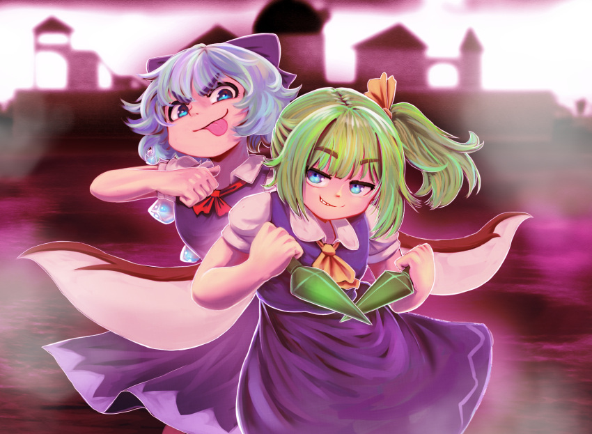 2girls bangs blue_eyes blue_vest bow cirno daiyousei fairy_wings green_hair grin hair_bow highres ice ice_wings multiple_girls puffy_short_sleeves puffy_sleeves revenge_(vengerezn) shirt short_hair short_sleeves side_ponytail smile touhou vest white_shirt wings