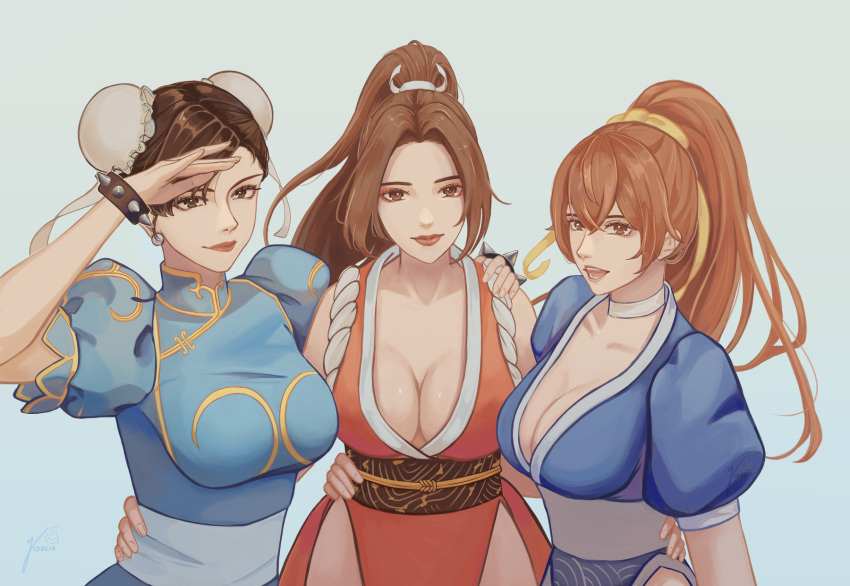3girls breasts brown_eyes brown_hair chun-li crossover dead_or_alive double_bun hair_bun hand_on_another's_hip hand_on_another's_shoulder hand_on_own_face highres kasumi_(doa) large_breasts lipgloss lipstick looking_at_viewer makeup multiple_girls ponytail shiranui_mai street_fighter the_king_of_fighters yidelia