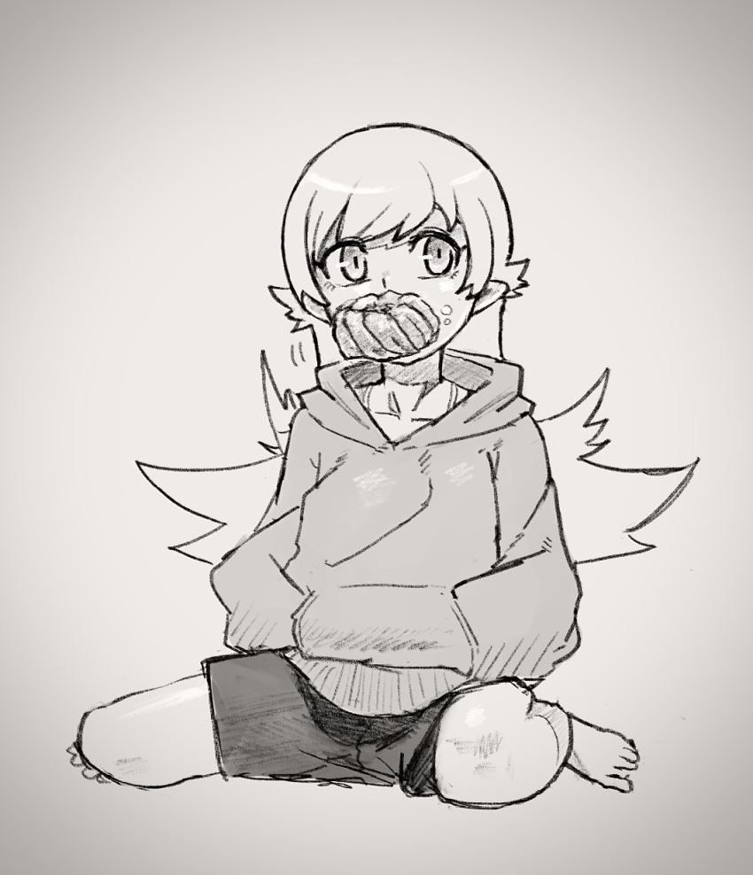 1girl baggy_clothes bangs bare_legs barefoot blonde_hair casual doughnut eating food food_in_mouth food_on_face french_cruller greyscale hands_in_pocket highres hood hoodie looking_to_the_side monochrome monogatari_(series) nisemonogatari oshino_shinobu pointy_ears shorts sitting solo sweater wariza